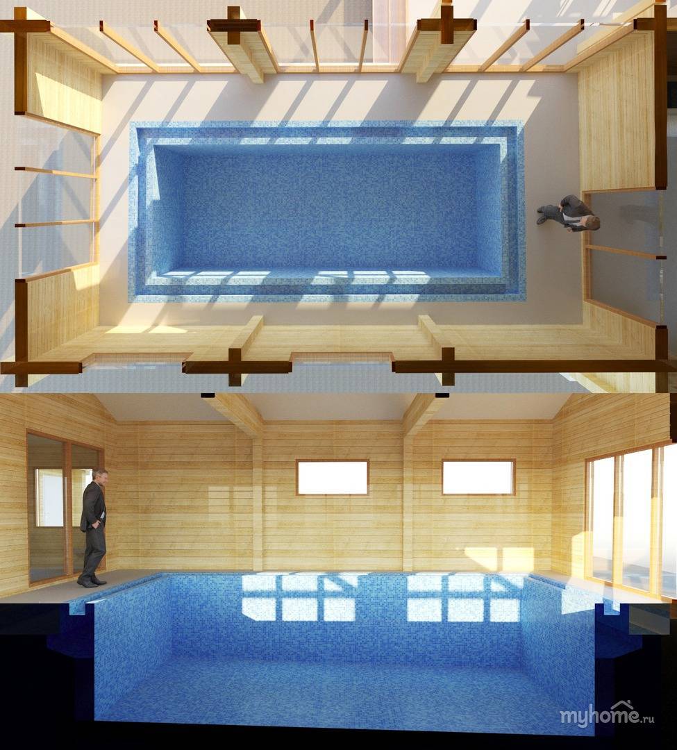 Проект бани с бассейном под одной крышей с комнатой отдыха и бильярдом