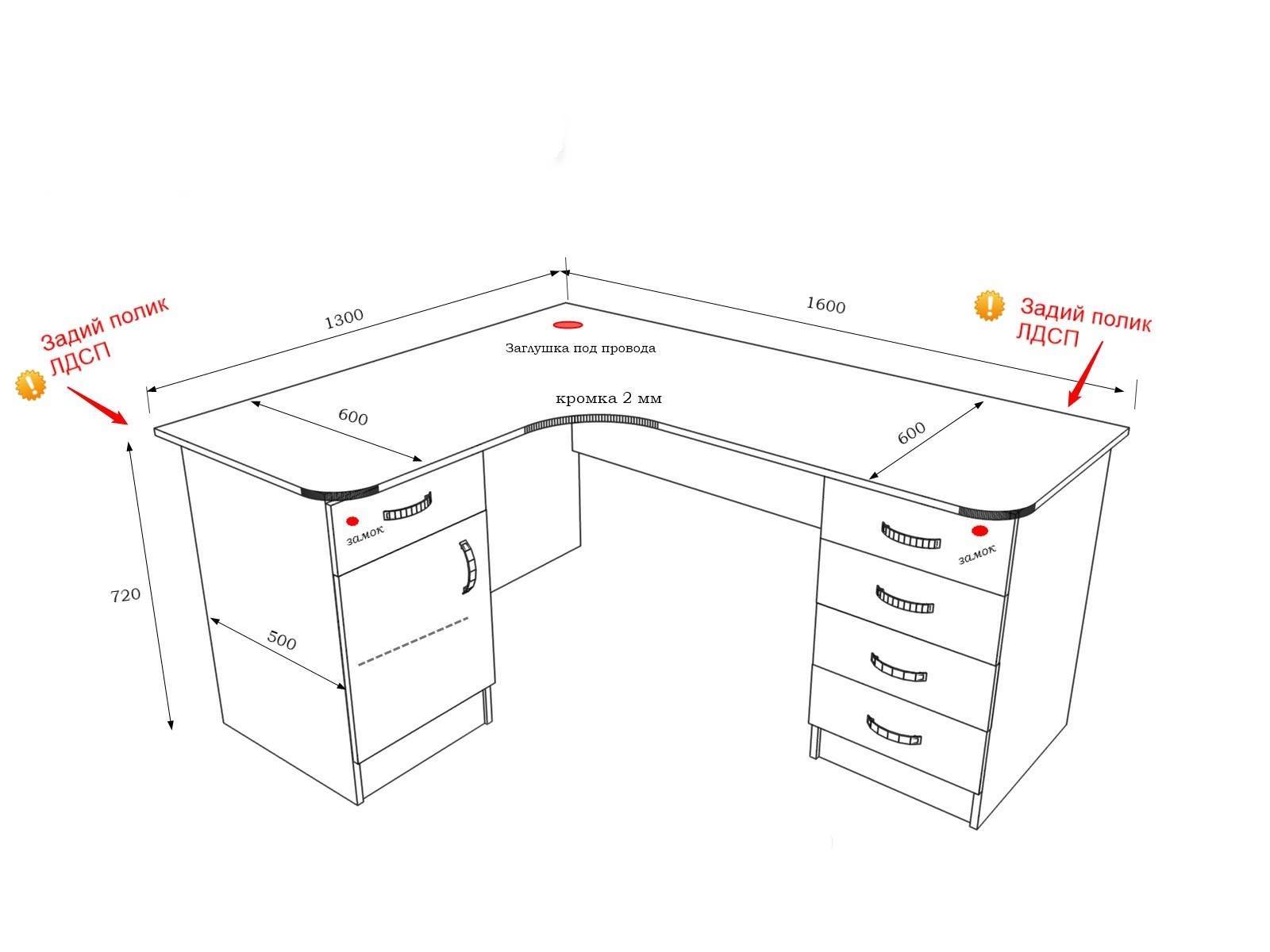 Чертеж письменного стола с ящиками с размерами