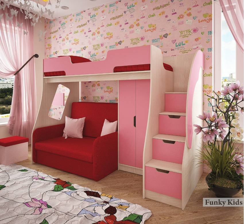 Компактные кровати-чердаки с диваном в интерьере небольших комнат
