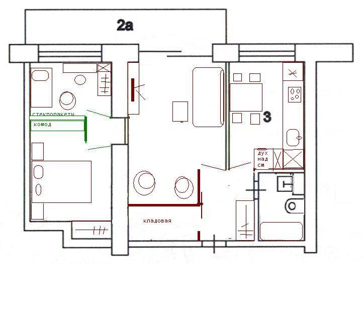 Перепланировка двухкомнатной квартиры: в трехкомнатную,малогабаритной двушки в однокомнатную, варианты домов различных серий, виды( распашонка, чешка, линейная, вагончиком), с размерами 40, 50, 60, 70