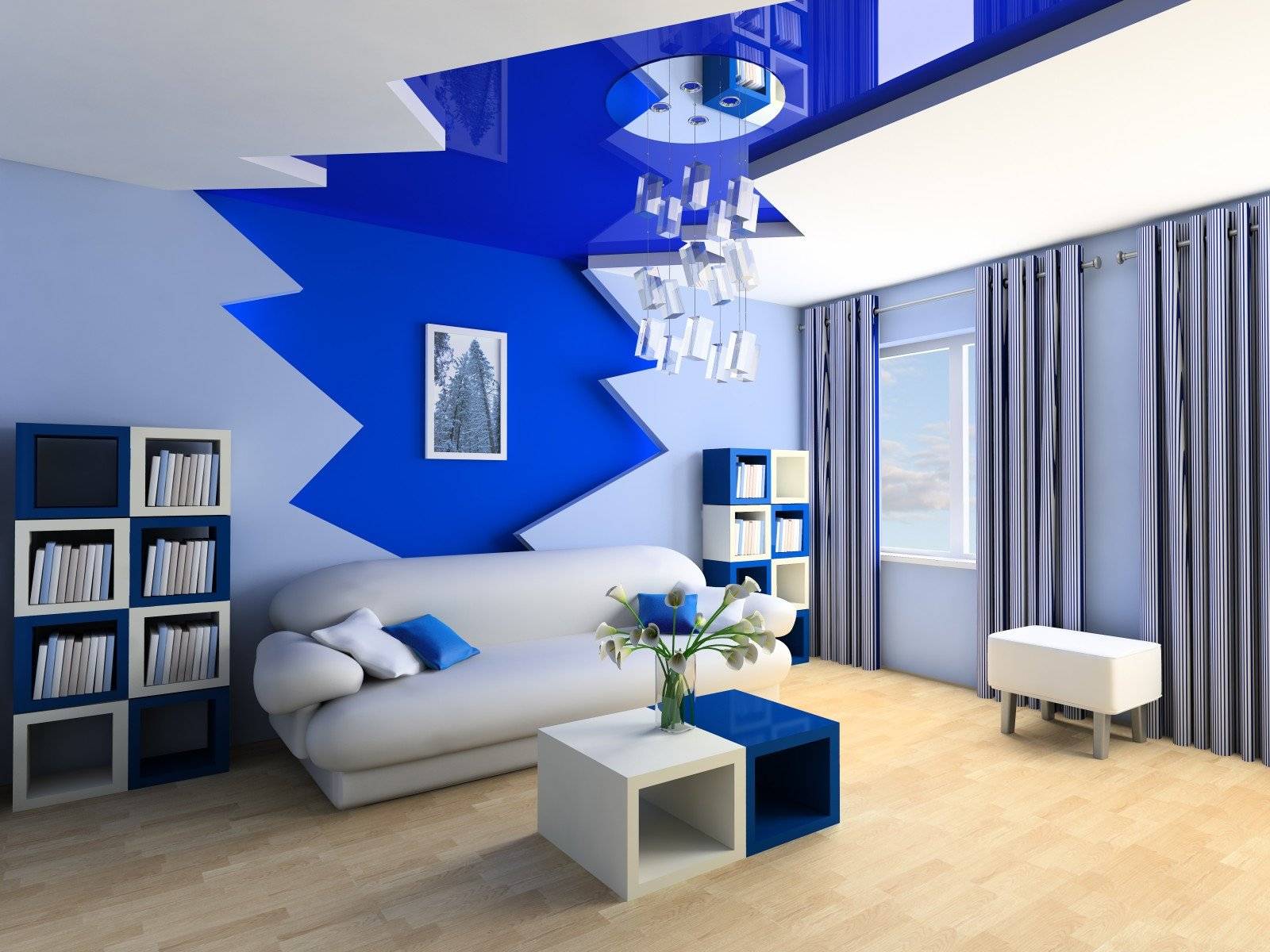 Голубой потолок в интерьере: какие стены сделать, какие обои подойдут к голубому натяжному потолку, как сочетаются, дизайн комнаты