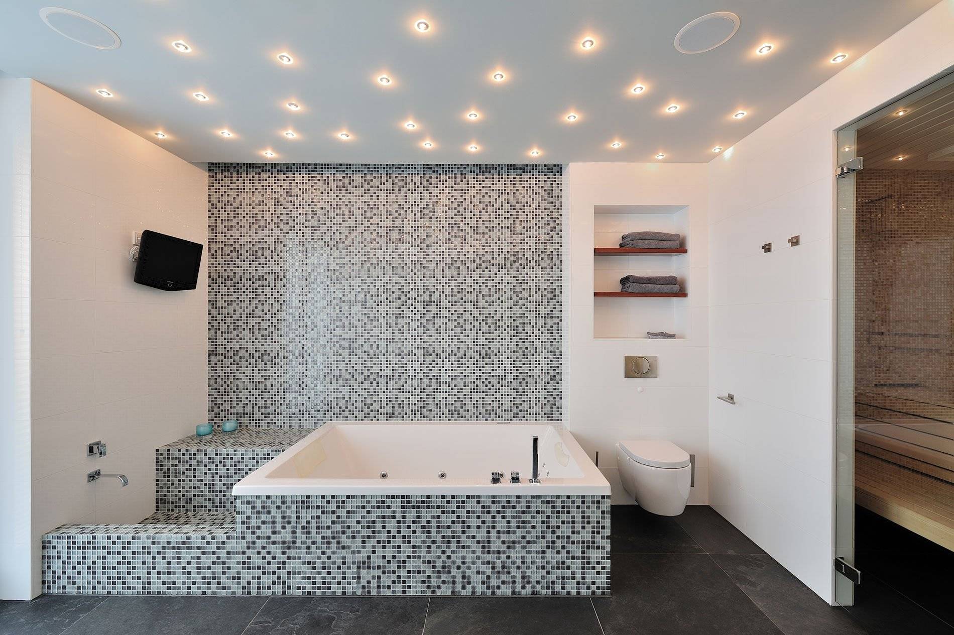 Натяжной потолок в ванной: топ-100 фото готового дизайна ванной