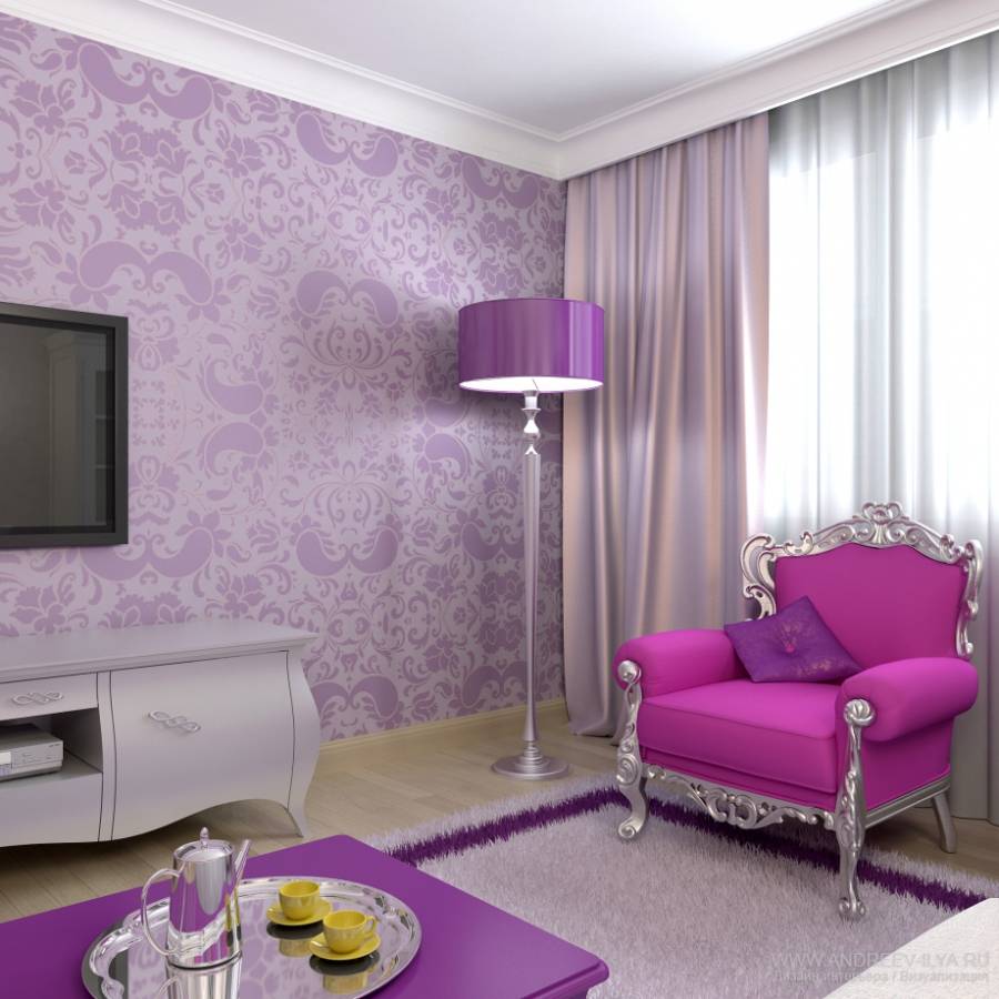 Сочетание сиреневого цвета с другими цветами в интерьере гостиной и спальни: комната в фиолетовых и лиловых тонах
 - 31 фото