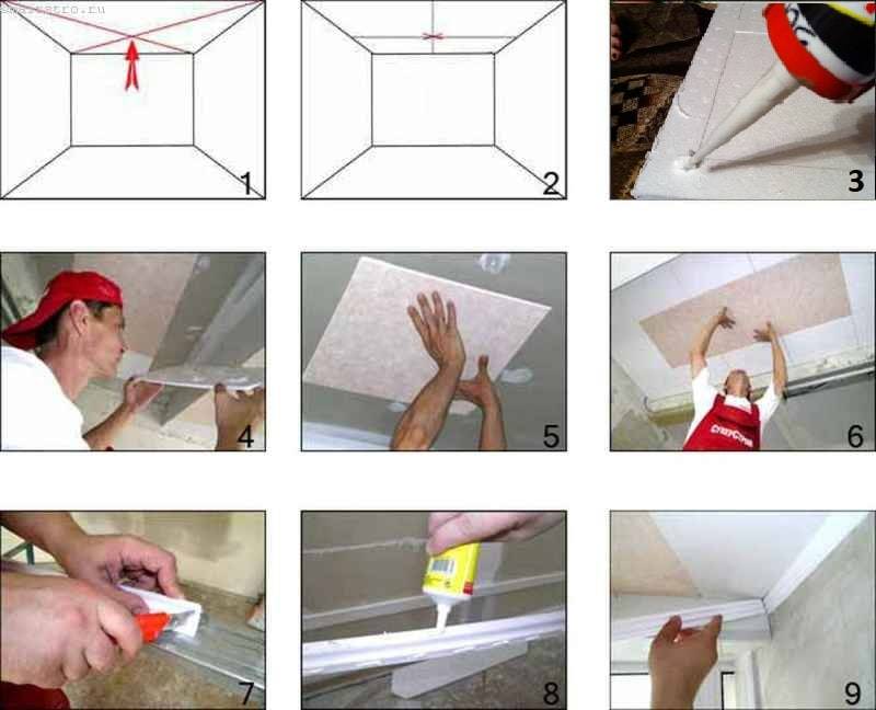 Плитка на потолок: бесшовный вариант из пенопласта, как клеить на примерах фото и видео