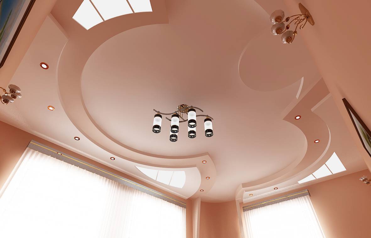 Двухуровневые потолки в зале из гипсокартона: фото