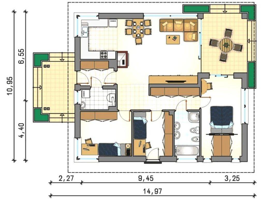 Планировка 1-этажного дома с тремя спальнями: выбираем проект по вкусу