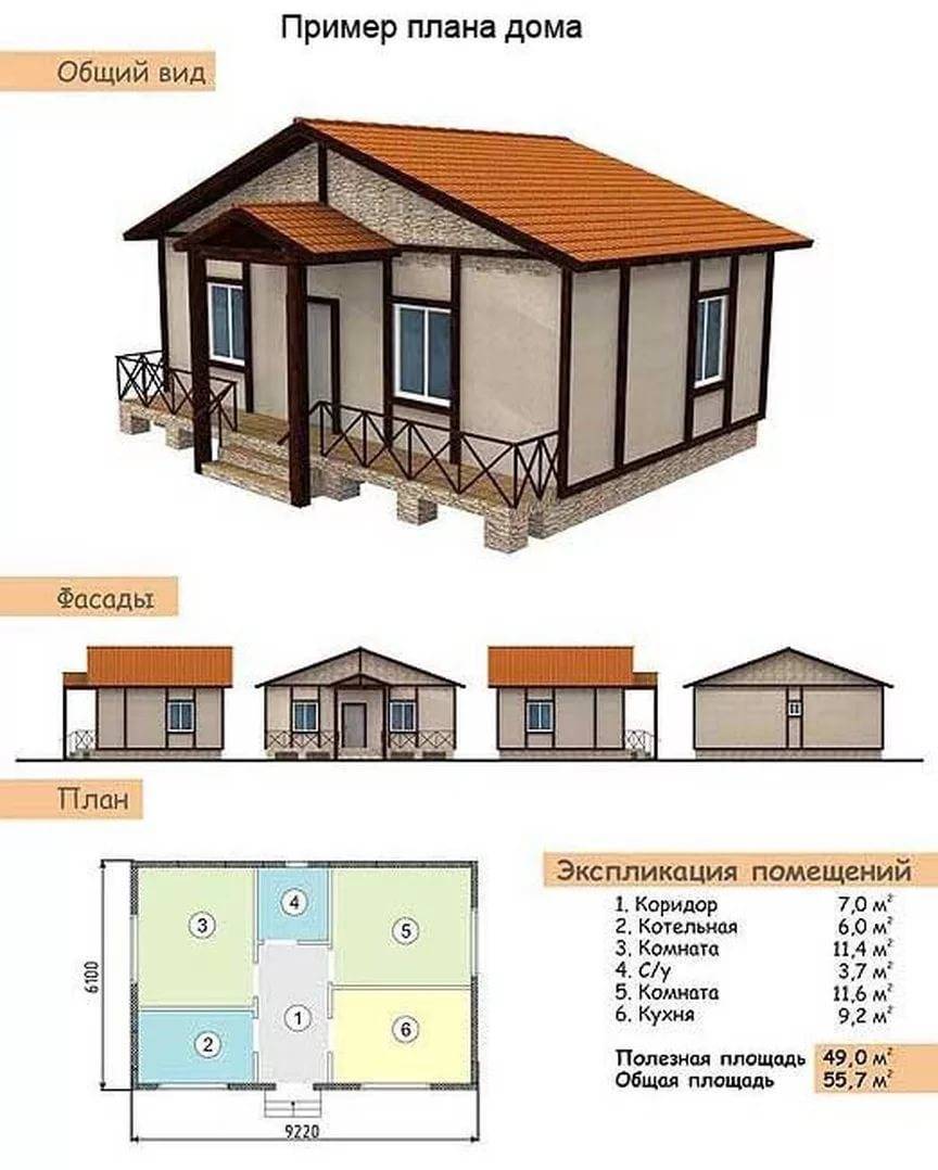 Проект одноэтажного каркасного дома 60 м2