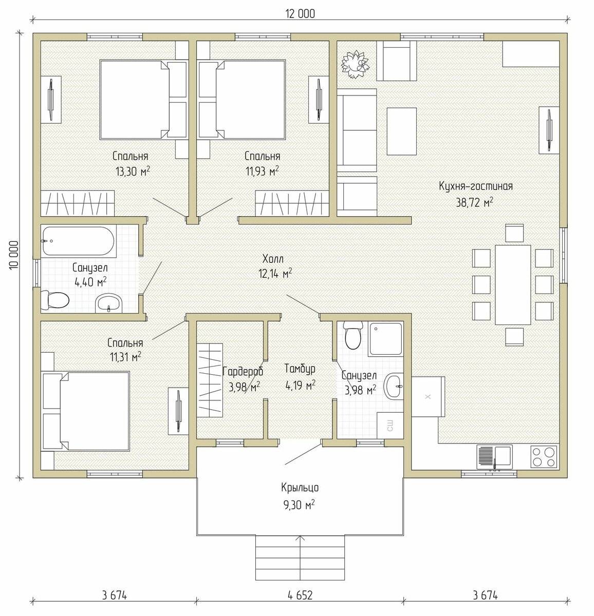 Рассмотрим проект одноэтажного дома с тремя спальнями | дизайн интерьера