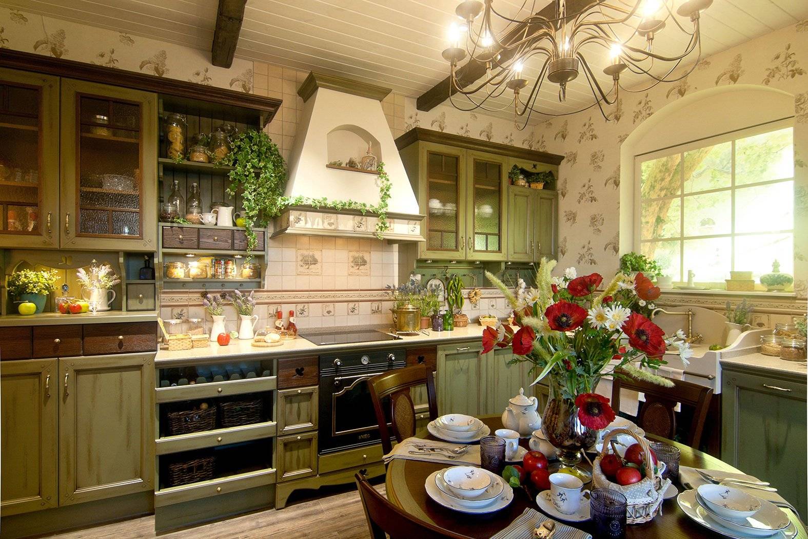 Фото интерьера в стиле прованс, выбор расцветки обоев для кухни данного стиля