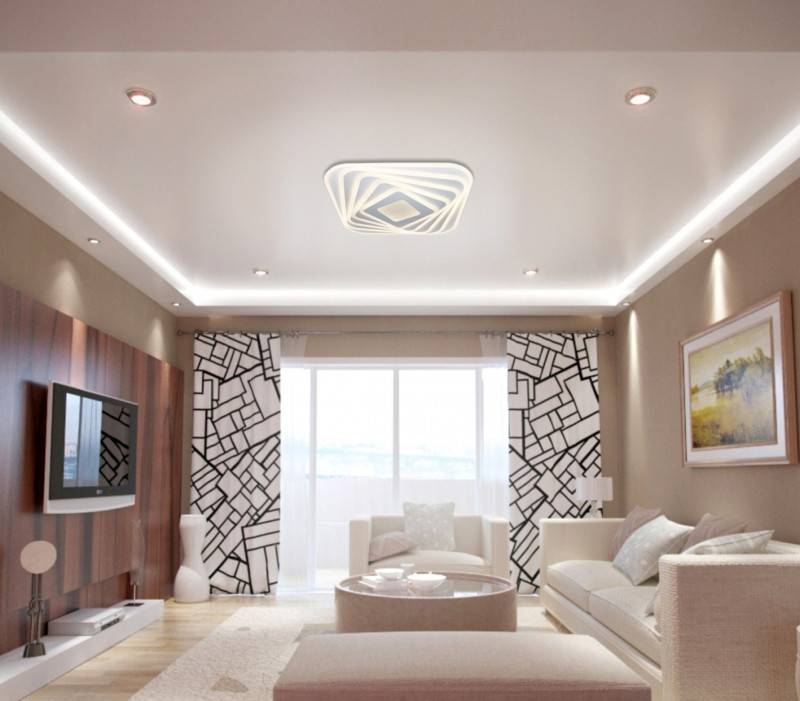 Двухуровневые натяжные потолки в гостиную + фото