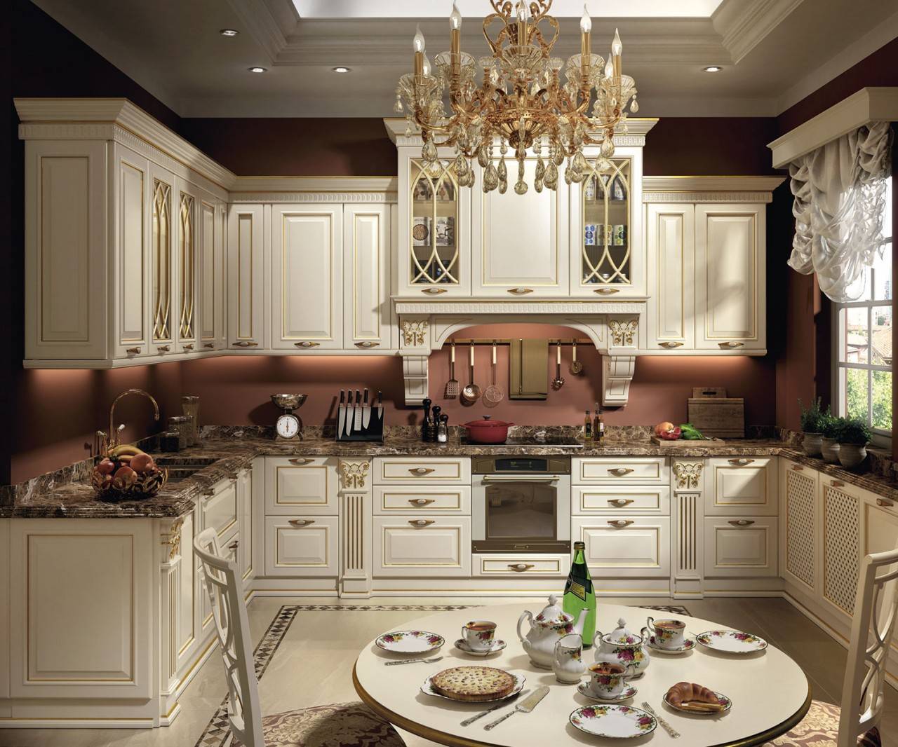Дизайн светлой и темной кухни в классическом стиле: интерьер с современным гарнитуром в классических тонах
 - 21 фото