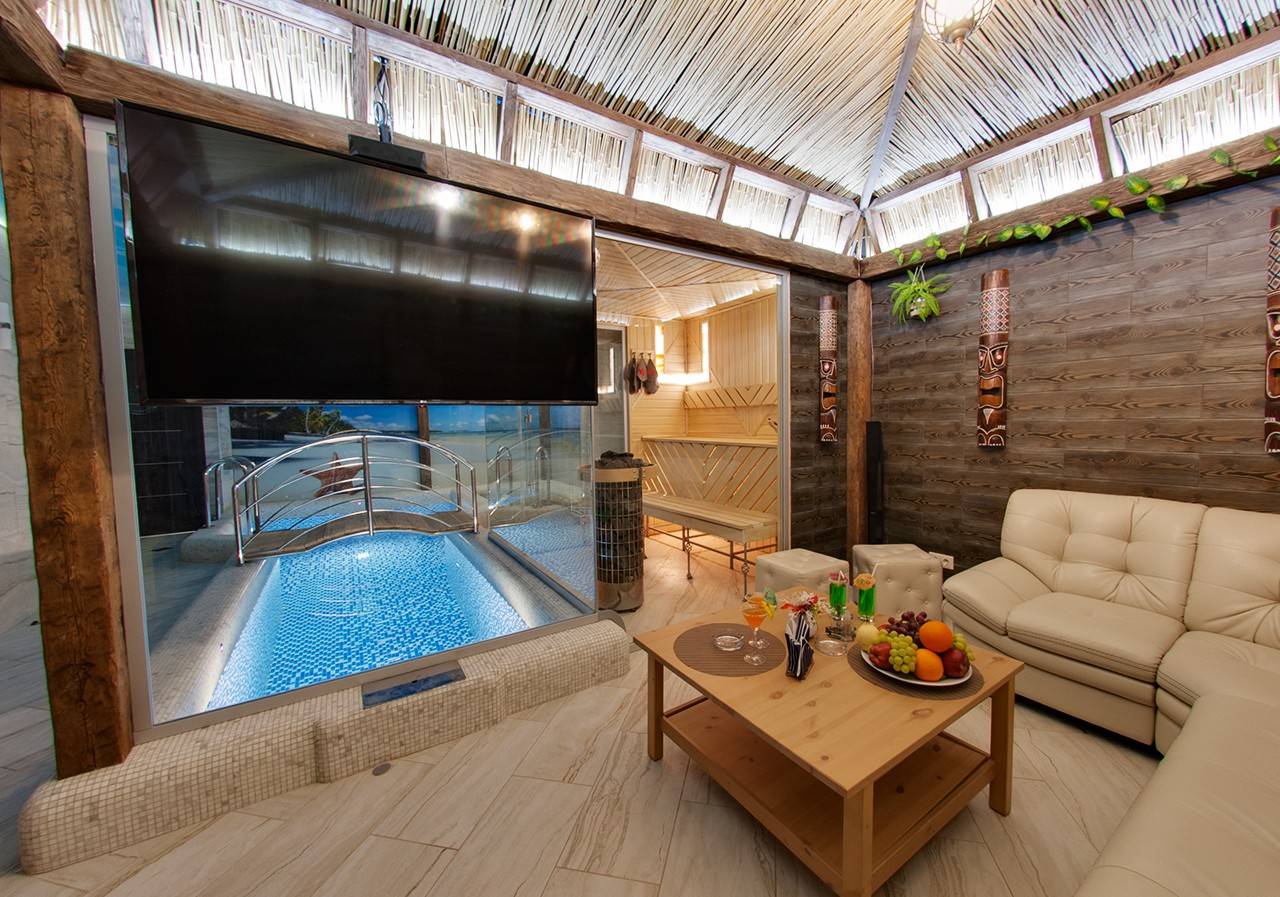 Проект бани с бассейном под одной крышей с комнатой отдыха и бильярдом