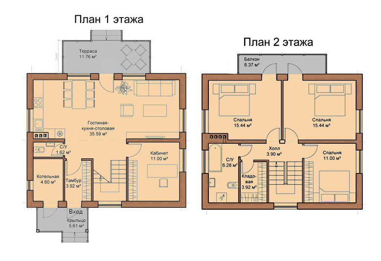 Проекты двухэтажных домов и коттеджей
